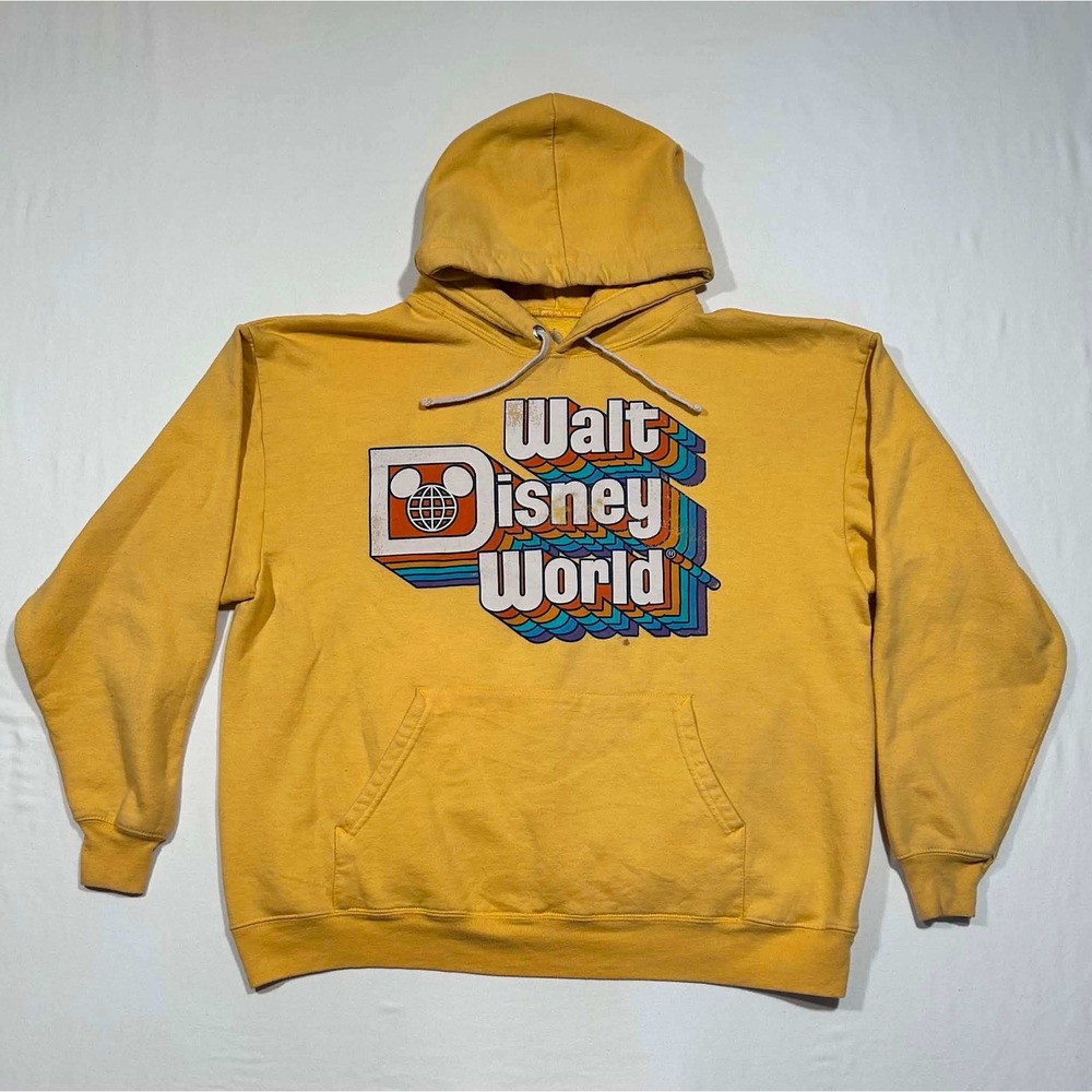 Walt‎ Disney World Retro Logo Hoodie Mustard Yellow Graphic Sweatshirt Large